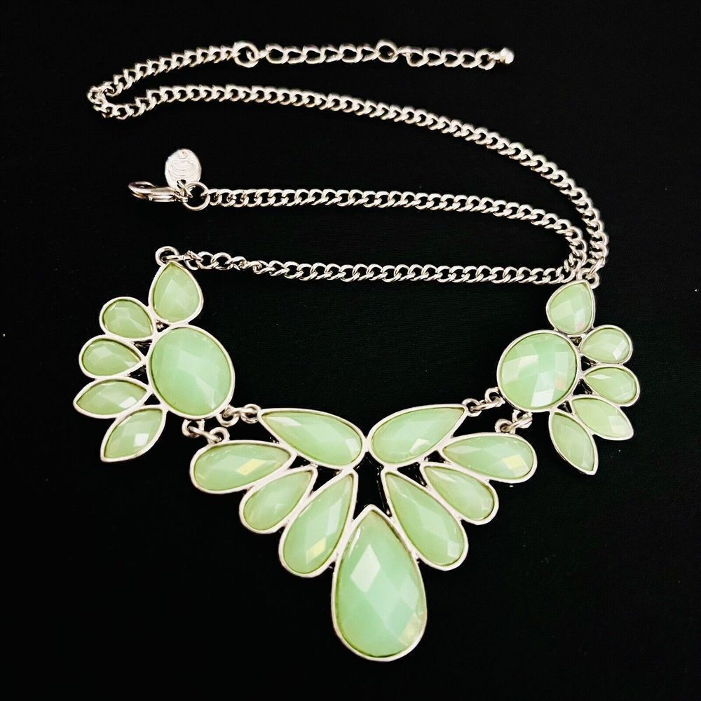Charming Charlie MintโGreen๏ฟผ Jade Tone Cabochon Necklace Bib SilverโStatement